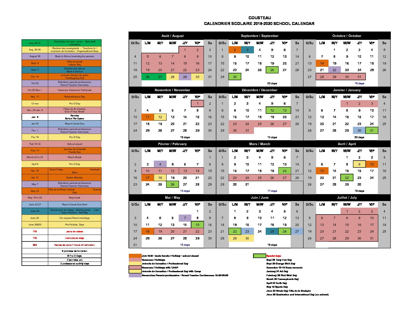 Cousteau School Calendar year 2019/20