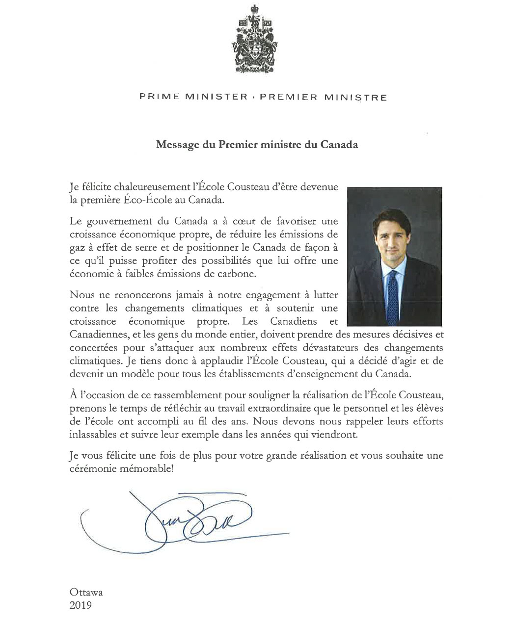 Lettre pour l'Ecole Cousteau de Justin Trudeau