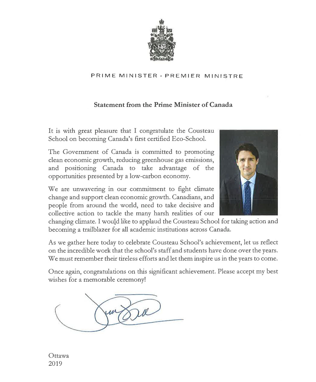 Message to Cousteau School From Prime Minister Justin Trudeau