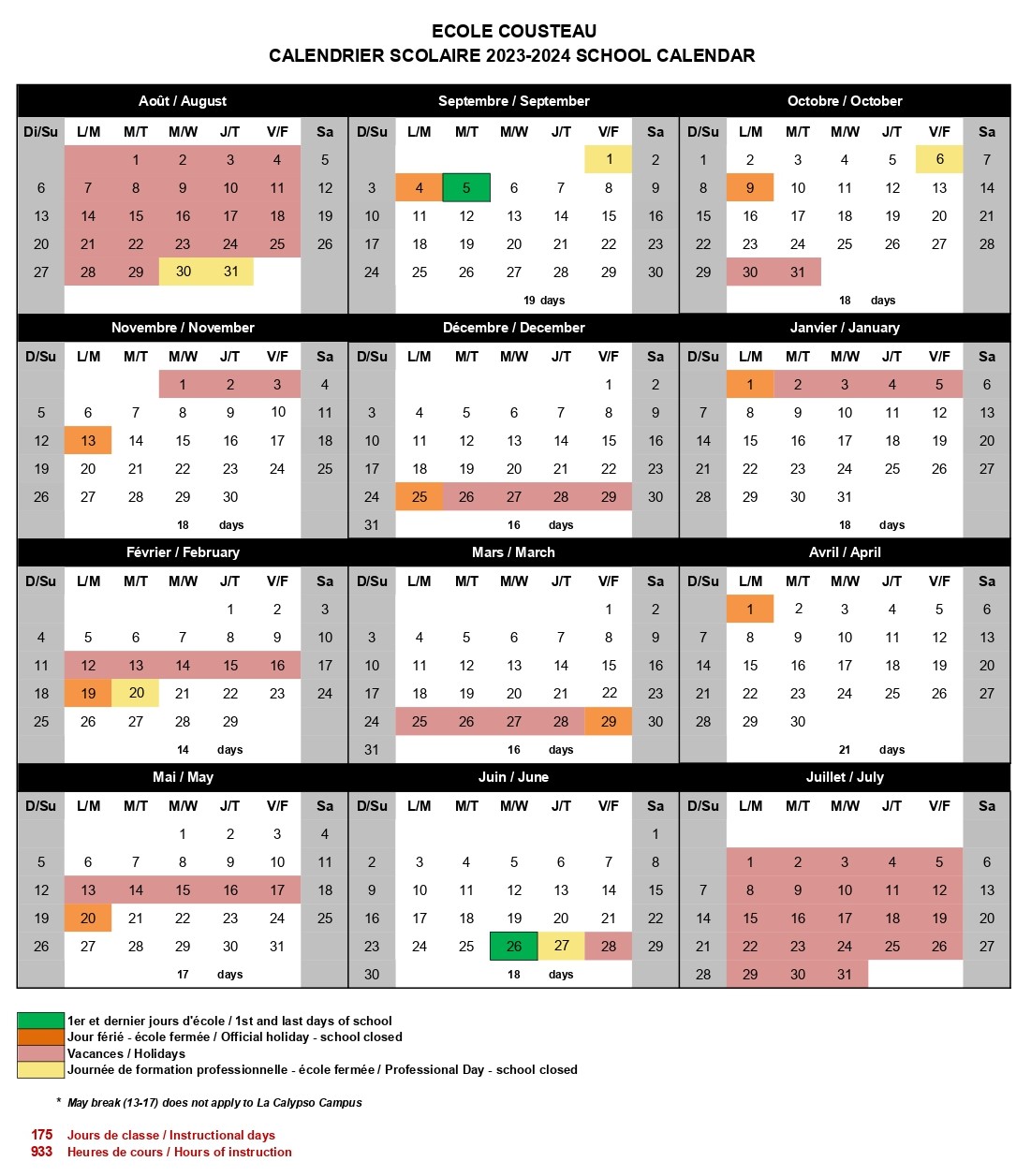 Anual School Calendar | Cousteau School